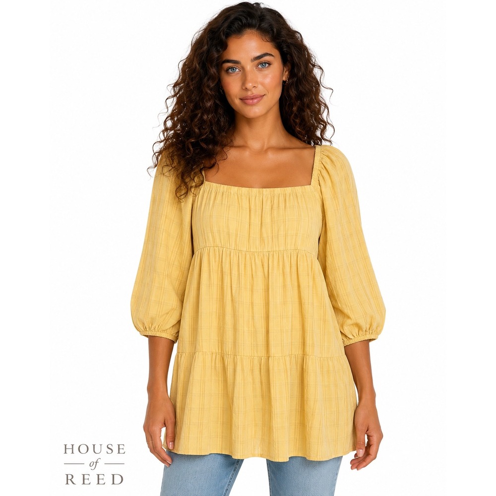 Glam Yellow Tonal Plaid Babydoll Tunic Top Square Neck Puff Sleeve GT2504 M